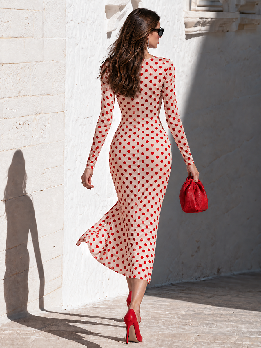 Retro Red Polka Dot Long Sleeve Ruched Side Slit Bodycon Mesh Knit Midi Dress