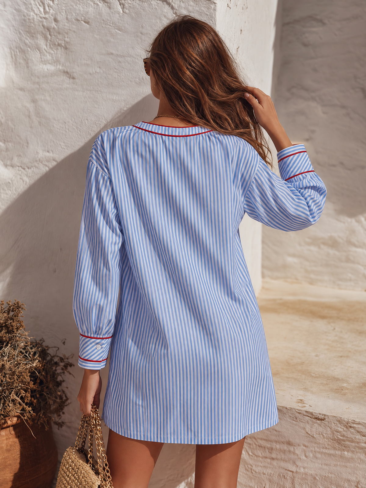 Vacation Retro Color Block Trim V-Neck Striped Mini Dress