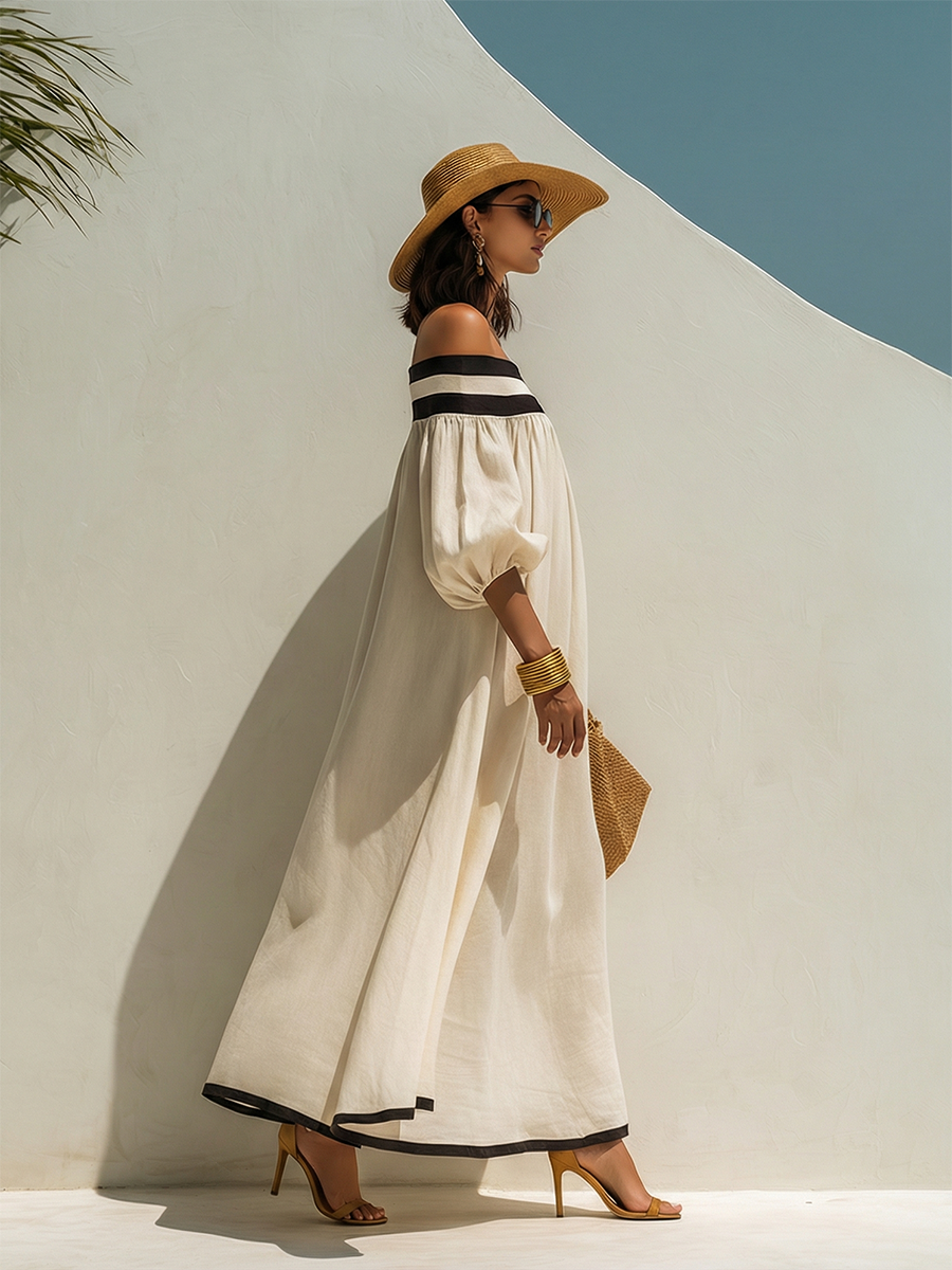 Cotton Linen Off-Shoulder Maxi Dress for Women | Lunemuse