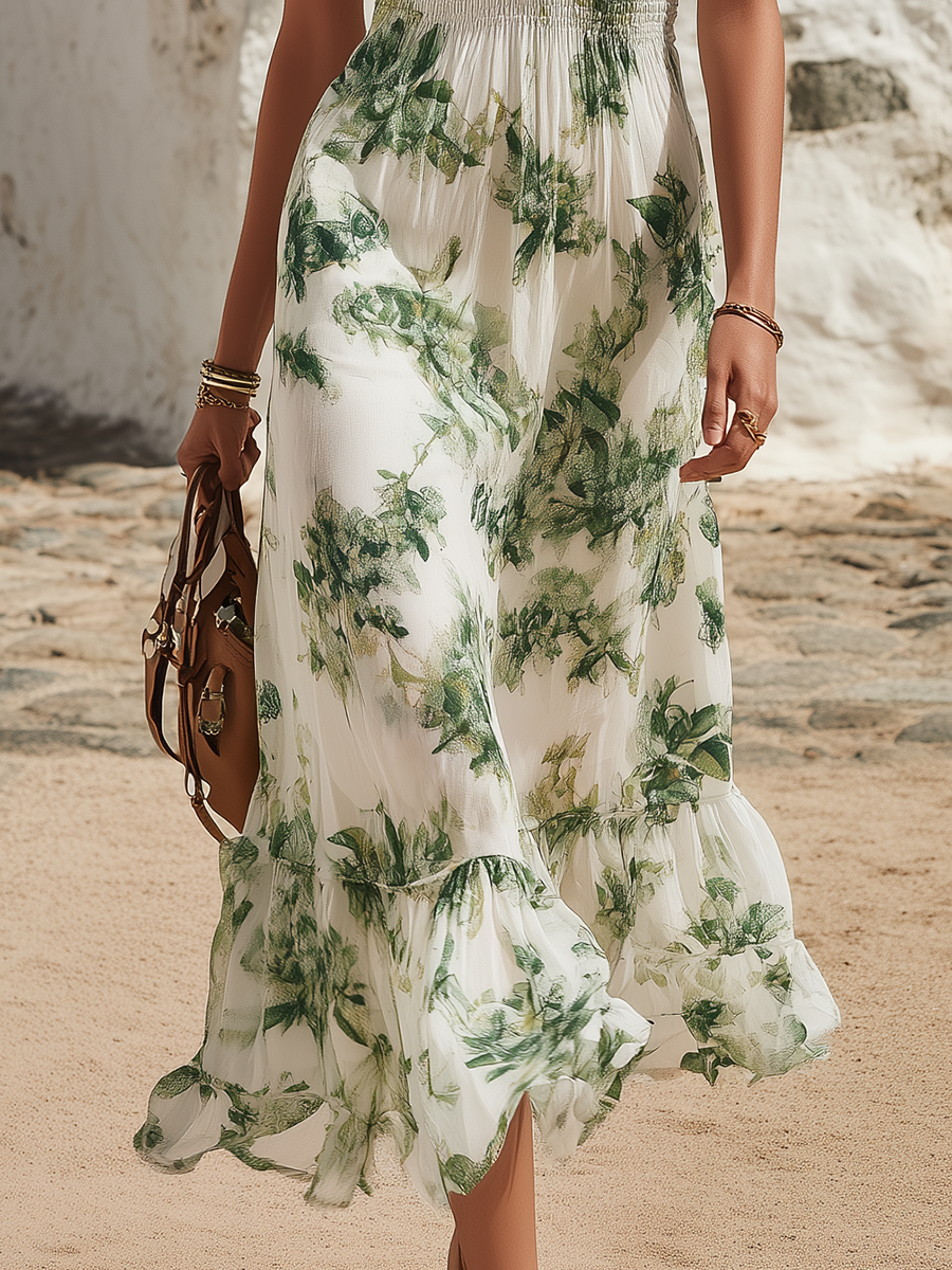Botanical Chiffon Midi Dress for Women | Lunemuse