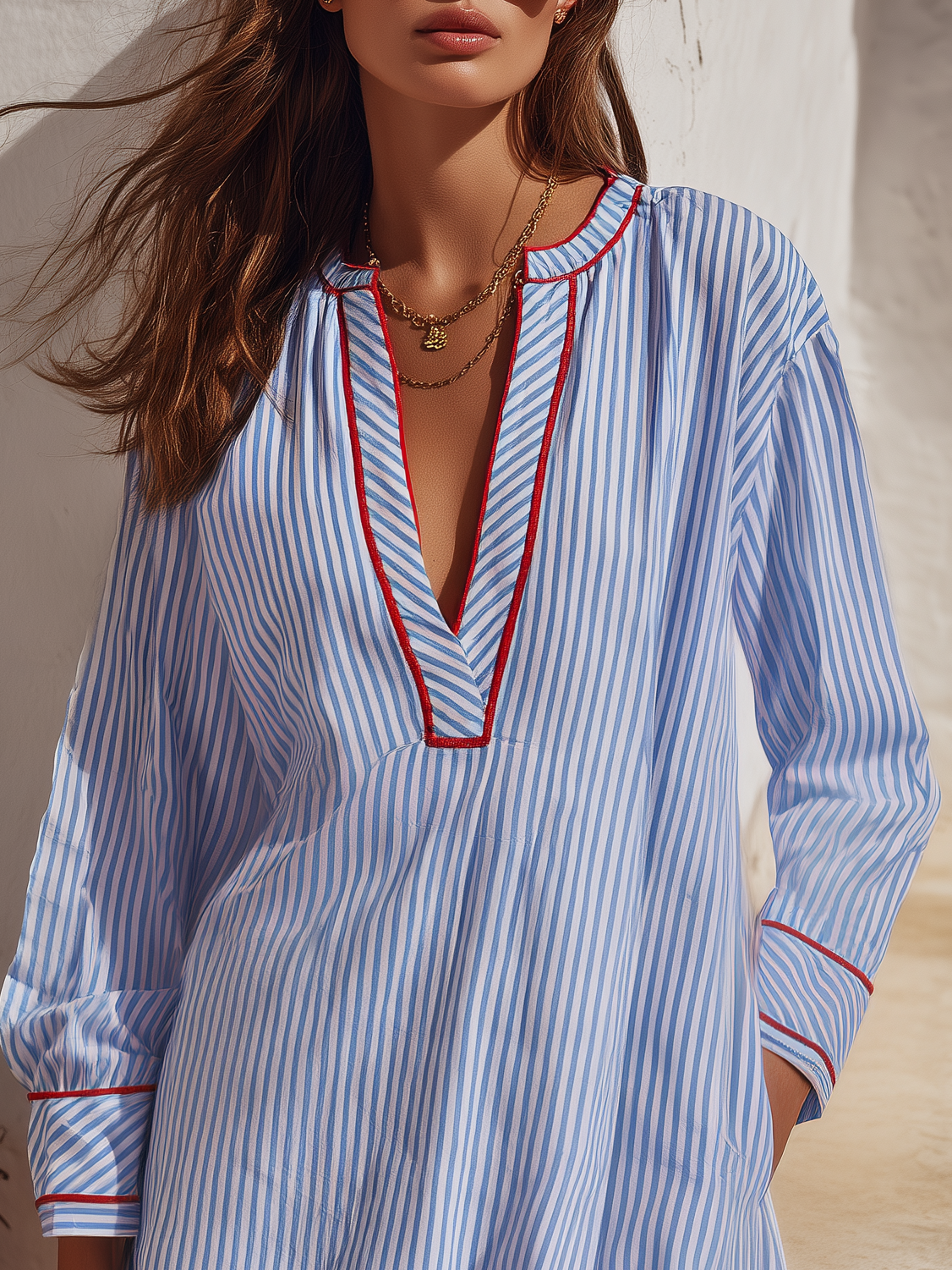 Vacation Retro Color Block Trim V-Neck Striped Mini Dress