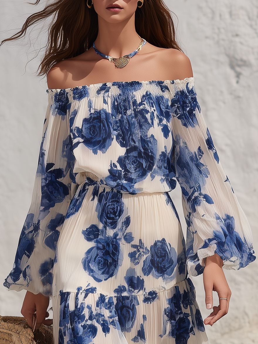 Elegant Off-Shoulder Floral Print Chiffon Maxi Dress
