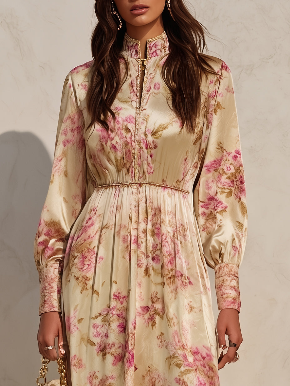Mediterranean Riviera Cream Pink Floral Velvet Stand Collar Midi Dress