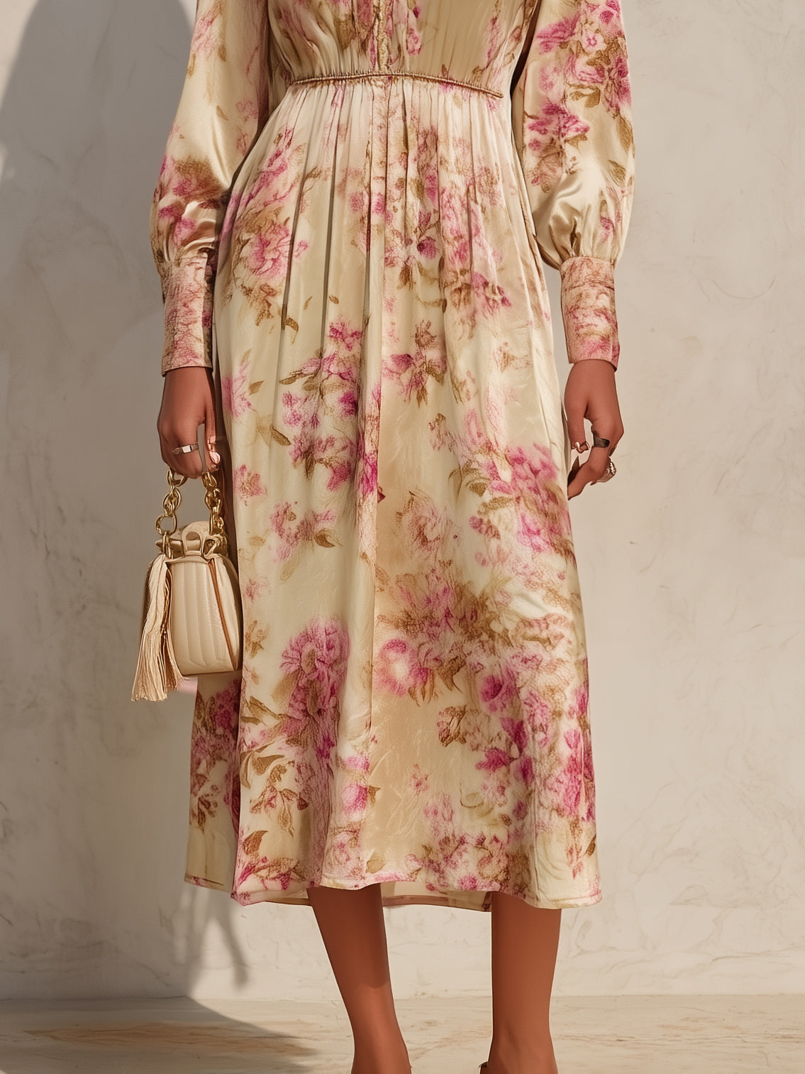 Mediterranean Riviera Cream Pink Floral Velvet Stand Collar Midi Dress