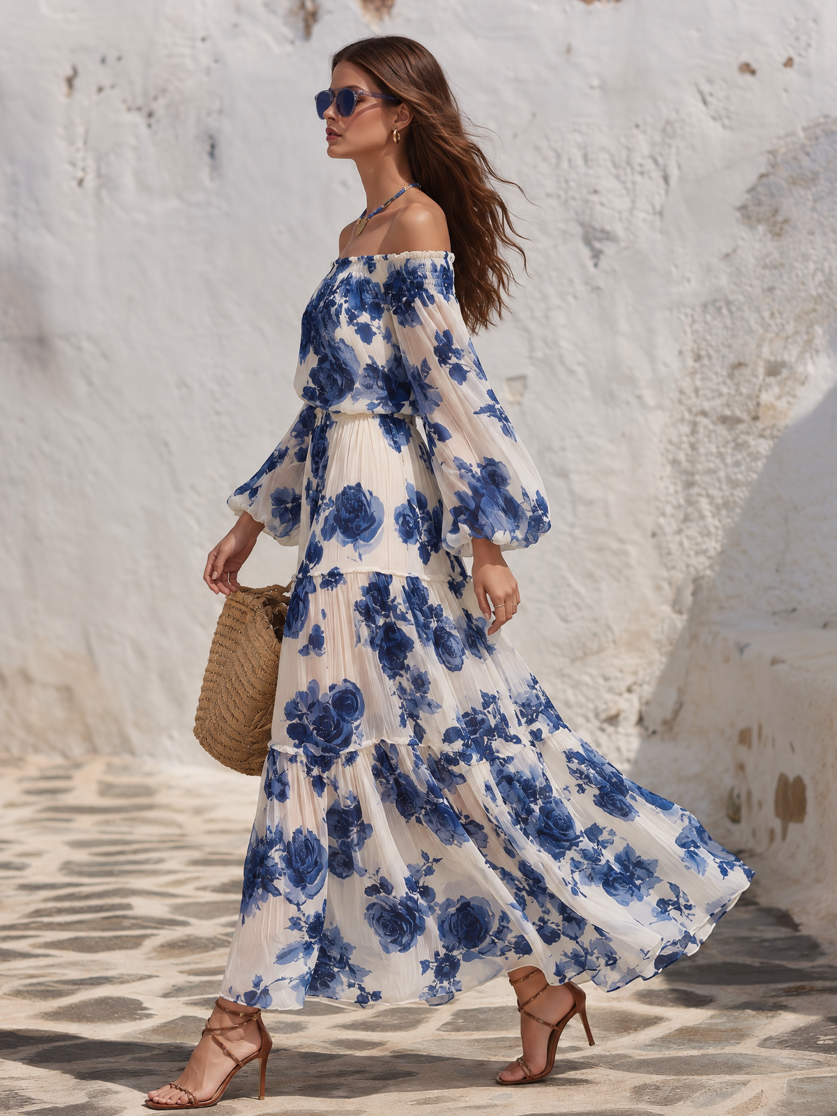 Elegant Off-Shoulder Floral Print Chiffon Maxi Dress