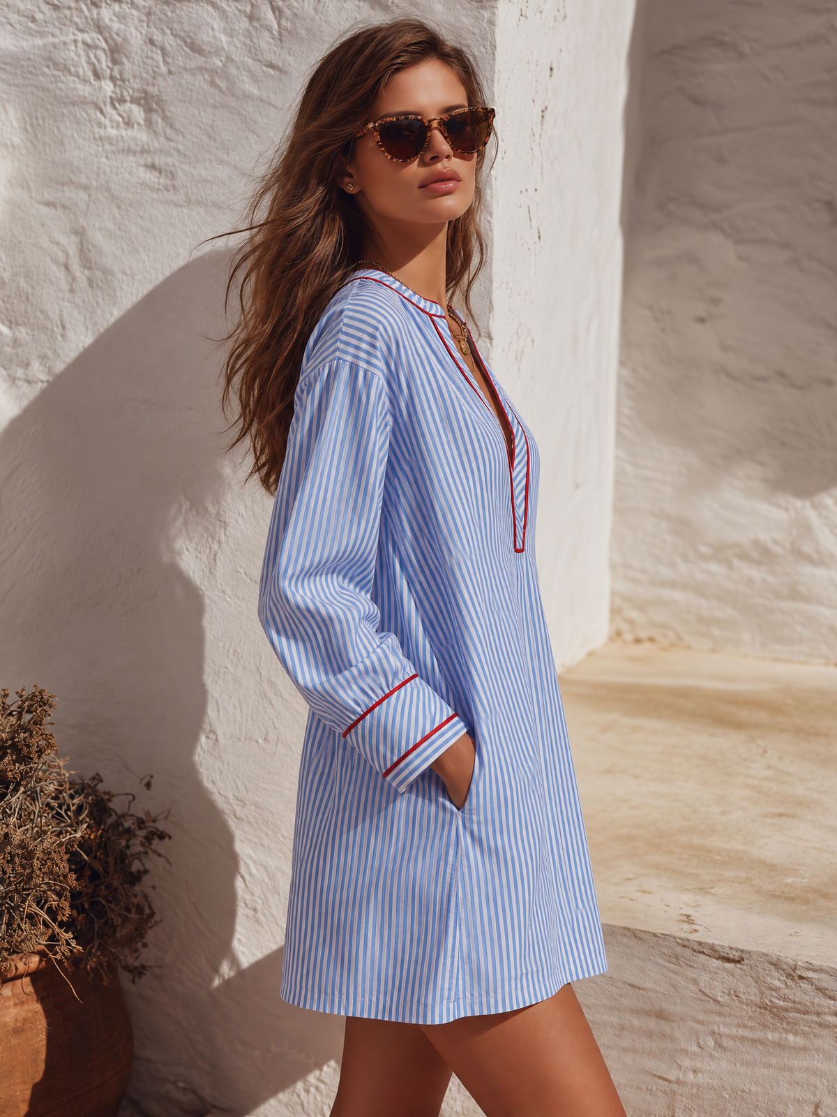 Vacation Retro Color Block Trim V-Neck Striped Mini Dress