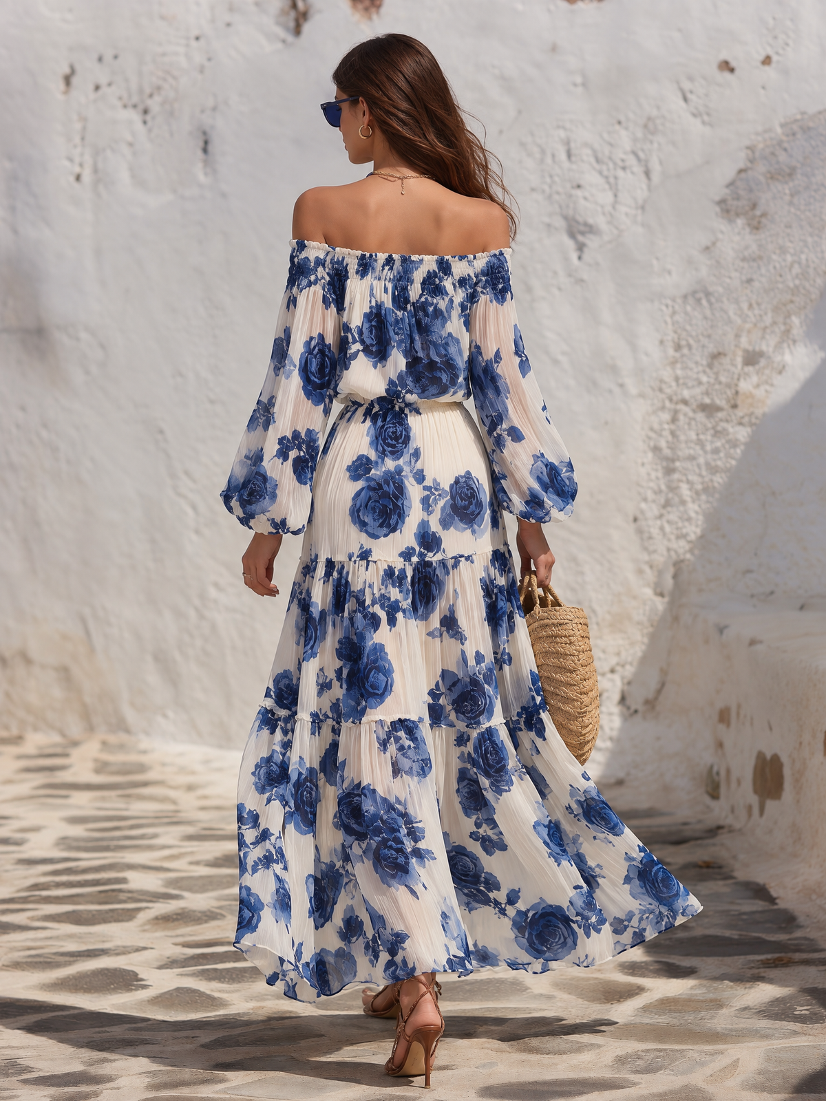 Elegant Off-Shoulder Floral Print Chiffon Maxi Dress