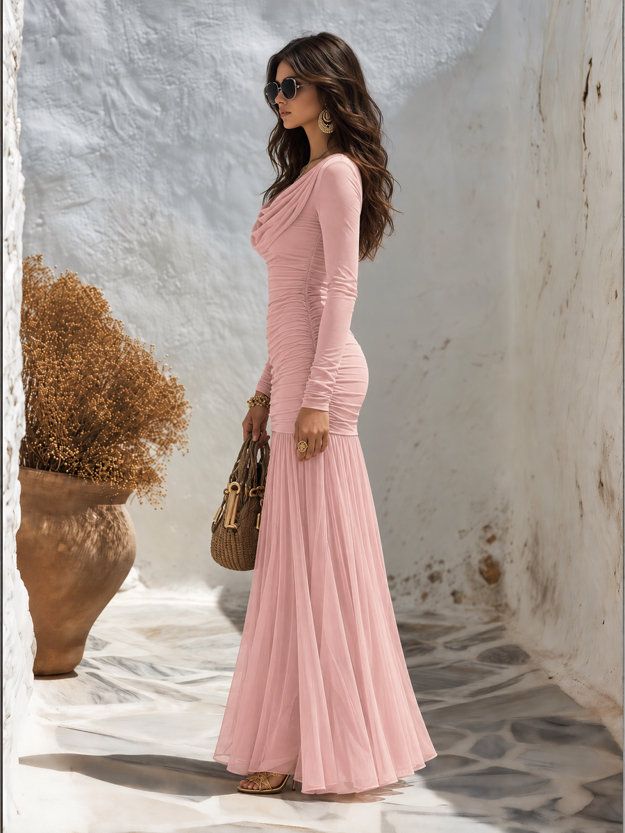 Resort-style Drop Neckline Long-sleeved Solid Color Dress