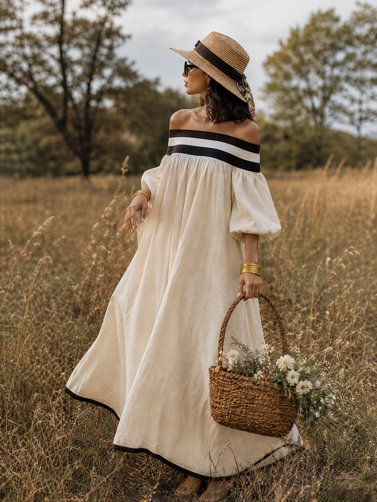 Cotton Linen Off-Shoulder Maxi Dress for Women | Lunemuse